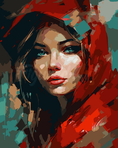 Pintar por numeros Figured'Art - Mujer con Bufanda Roja