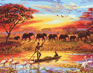 Pintar Por Números - Pescador Con Los Elefantes - Figuredart - Animales Deseos De Otros Lugares Elefantes Paisajes