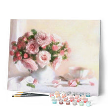 Cargar imagen en el visor de la galería, Pintar Por Números - Botellas Blancas De Rosas De Color Rosa - Figuredart - Flores