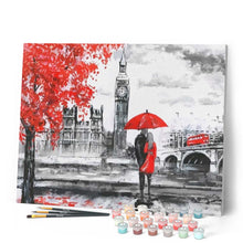 Cargar imagen en el visor de la galería, Pintar Por Números - Puente Paraguas Rojo - Figuredart - Ciudades Romanticismo