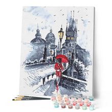 Cargar imagen en el visor de la galería, Pintar Por Números - Chica Roja En La Ciudad Abstracto - Figuredart - Ciudades