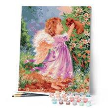 Cargar imagen en el visor de la galería, Pintar Por Números - Muchacha Del Ángel Y El Perrito - Figuredart - Animales Perros Religión Romanticismo