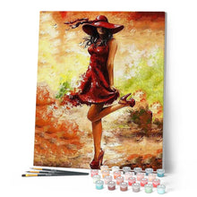 Cargar imagen en el visor de la galería, Pintar Por Números - Vestido Y Sombrero Rojo - Figuredart - Baile Romanticismo