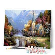 Cargar imagen en el visor de la galería, Pintar Por Números - Paisaje De La Iglesia Al Lado Del Puente - Figuredart - Paisajes