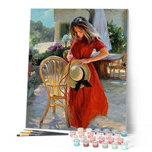Cargar imagen en el visor de la galería, Pintar Por Números - Silla Al Lado De Chica De Rojo - Figuredart - Paisajes Retrato