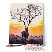 Cargar imagen en el visor de la galería, Pintar Por Números - Atardecer Con Un Ciervo Con Cuernos Como Ramitas - Figuredart - Animales