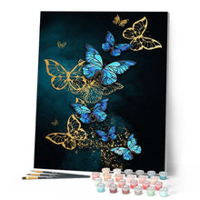 Cargar imagen en el visor de la galería, Pintar por números | Mariposas azules y doradas | Novedades Animales Mariposas Intermedio | FiguredArt