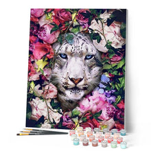Cargar imagen en el visor de la galería, Pintar por números | Tigre blanco y flores | Novedades Animales Tigres Flores Avanzado | FiguredArt
