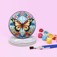 Cargar imagen en el visor de la galería, Pintar por números Posavasos 15cm (4 piezas) - Alas Vibrantes: Un Cuarteto de Mariposas