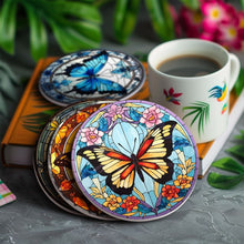 Cargar imagen en el visor de la galería, Pintar por números Posavasos 15cm (4 piezas) - Alas Vibrantes: Un Cuarteto de Mariposas