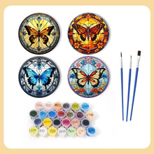 Cargar imagen en el visor de la galería, Pintar por números Posavasos 15cm (4 piezas) - Alas Vibrantes: Un Cuarteto de Mariposas
