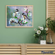 Cargar imagen en el visor de la galería, Punto de Cruz Diamante - Diamond Painting - Pequeños pájaros y flores blancas 40x50cm con bastidor montado