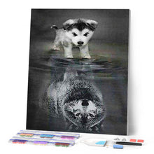 Cargar imagen en el visor de la galería, Punto de Cruz Diamante - Diamond Painting - Perro Lobo y Reflexión 40x50cm con bastidor montado