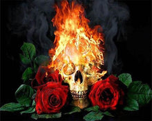 Cargar imagen en el visor de la galería, Punto De Cruz Diamante - Punto De Cruz Diamante - Cráneo Y Rosas Fuego - Figuredart - Flores Punto De Cruz Diamante Flores