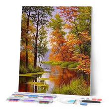 Cargar imagen en el visor de la galería, Punto de Cruz Diamante - Diamond Painting - Lago en otoño 40x50cm con bastidor montado