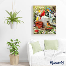 Cargar imagen en el visor de la galería, Punto de Cruz Diamante - Diamond Painting - Aves en el Jardín 40x50cm con bastidor montado