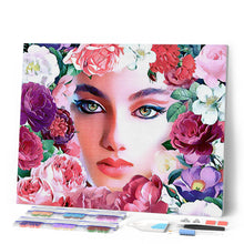 Cargar imagen en el visor de la galería, Punto de Cruz Diamante - Diamond Painting - Cara y flores 40x50cm con bastidor montado