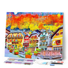 Cargar imagen en el visor de la galería, Punto de Cruz Diamante - Un colorido pueblo suizo 40x50cm con bastidor montado