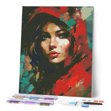 Cargar imagen en el visor de la galería, Diamond Painting - Mujer con Bufanda Roja 40x50cm con bastidor montado
