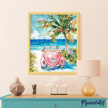 Cargar imagen en el visor de la galería, Diamond Painting - Coche rosa junto al mar 40x50cm con bastidor montado