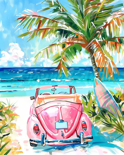 Diamond Painting - Coche rosa junto al mar