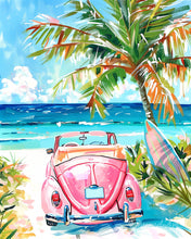 Cargar imagen en el visor de la galería, Diamond Painting - Diamond Painting - Coche rosa junto al mar 40x50cm con bastidor montado