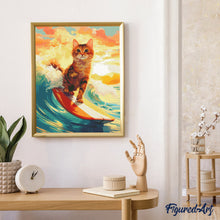 Cargar imagen en el visor de la galería, Diamond Painting - Gato surfista 40x50cm con bastidor montado