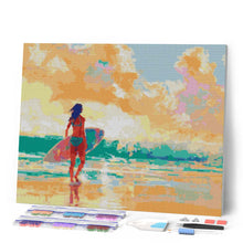 Cargar imagen en el visor de la galería, Diamond Painting - Chica surfista al amanecer 40x50cm con bastidor montado