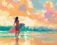 Cargar imagen en el visor de la galería, Diamond Painting - Diamond Painting - Chica surfista al amanecer 40x50cm con bastidor montado