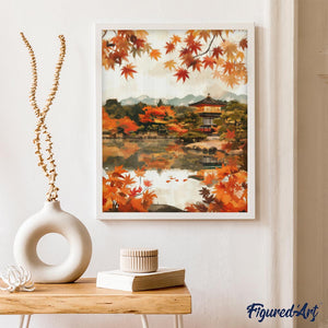 Diamond Painting - Templo japonés junto al lago en otoño