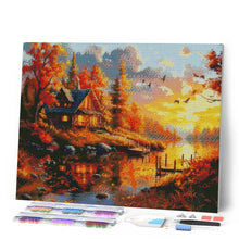 Cargar imagen en el visor de la galería, Diamond Painting - Atardecer de otoño junto a la cabaña 40x50cm con bastidor montado