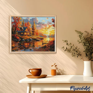 Diamond Painting - Atardecer de otoño junto a la cabaña