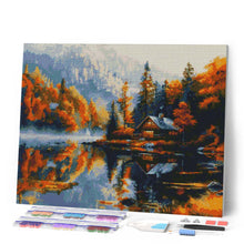 Cargar imagen en el visor de la galería, Diamond Painting - Cabaña junto al lago en otoño 40x50cm con bastidor montado