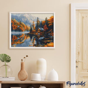 Diamond Painting - Cabaña junto al lago en otoño