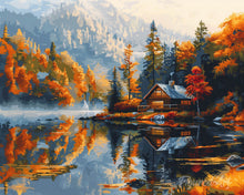 Cargar imagen en el visor de la galería, Diamond Painting - Diamond Painting - Cabaña junto al lago en otoño 40x50cm con bastidor montado