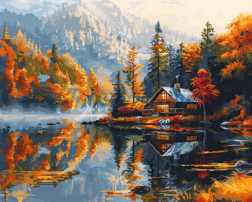 Diamond Painting - Cabaña junto al lago en otoño