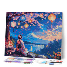 Cargar imagen en el visor de la galería, Diamond Painting - Chica, Faroles y Monte Fuji 40x50cm con bastidor montado