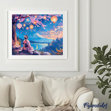 Cargar imagen en el visor de la galería, Diamond Painting - Chica, Faroles y Monte Fuji 40x50cm con bastidor montado