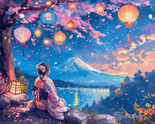 Cargar imagen en el visor de la galería, Diamond Painting - Diamond Painting - Chica, Faroles y Monte Fuji 40x50cm con bastidor montado