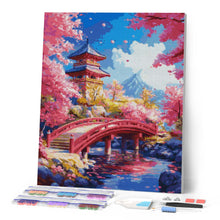 Cargar imagen en el visor de la galería, Diamond Painting - Puente Rojo y Cerezos en Flor 40x50cm con bastidor montado