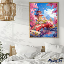 Cargar imagen en el visor de la galería, Diamond Painting - Puente Rojo y Cerezos en Flor 40x50cm con bastidor montado