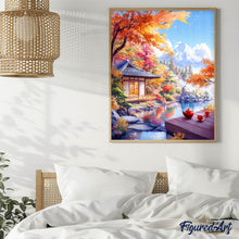 Cargar imagen en el visor de la galería, Diamond Painting - Casa del Té en Otoño junto al Lago 40x50cm con bastidor montado