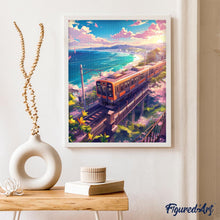 Cargar imagen en el visor de la galería, Diamond Painting - Ferrocarril de Sakura junto al Océano 40x50cm con bastidor montado