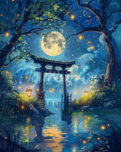 Cargar imagen en el visor de la galería, Diamond Painting - Diamond Painting - Torii a la Luz de la Luna y Luciérnagas 40x50cm con bastidor montado