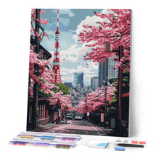 Cargar imagen en el visor de la galería, Diamond Painting - Calle de Cerezos en Flor en Tokyo 40x50cm con bastidor montado