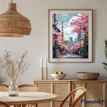 Cargar imagen en el visor de la galería, Diamond Painting - Calle de Cerezos en Flor en Tokyo 40x50cm con bastidor montado