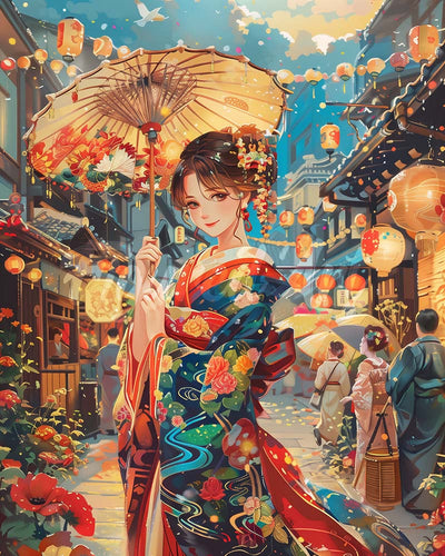 Diamond Painting - Diamond Painting - Chica con Kimono en el Festival de Faroles 40x50cm con bastidor montado