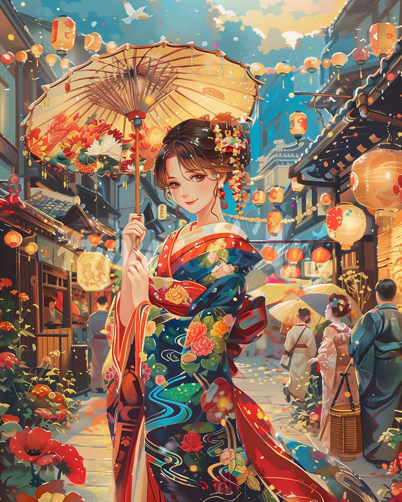 Diamond Painting - Chica con Kimono en el Festival de Faroles