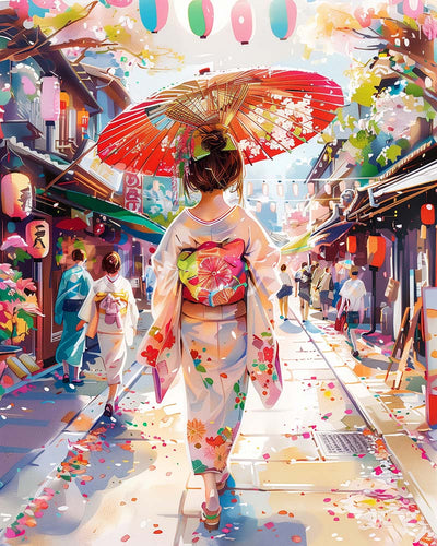 Diamond Painting - Diamond Painting - Chica con Yukata en la Calle Festiva 40x50cm con bastidor montado