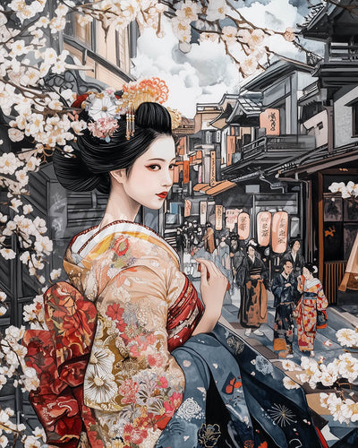 Diamond Painting - Diamond Painting - Geisha en una Calle Vintage 40x50cm con bastidor montado